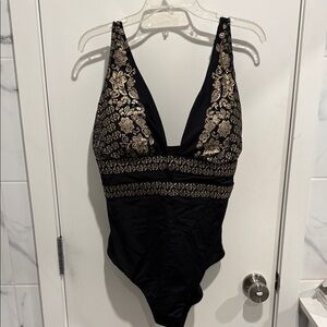 Elegant Black and Gold Women Plunge Swim One Piece